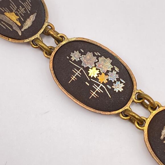 Signed JAPAN Bracelet Vge Japanese Damascene Nature Scenes 1950s Black Gold Tone - Picture 6 of 16